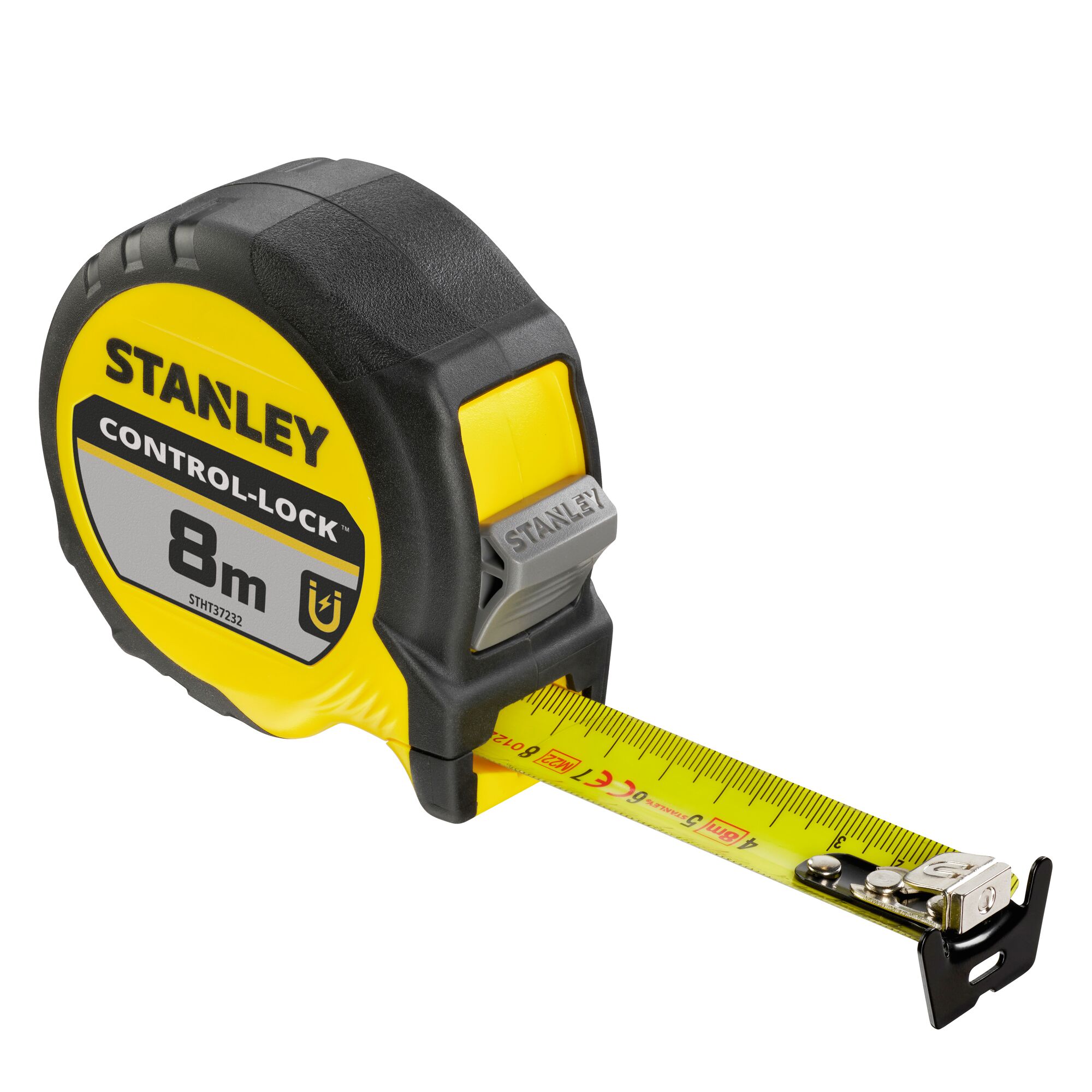 STANLEY STHT37232-0 tape measure, yellow and black, CONTROL-LOCK, 8m length, side angle photo.